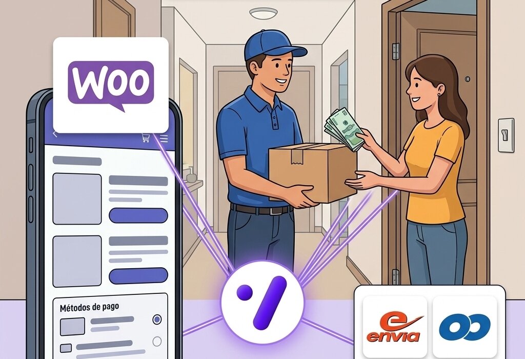 Mensajero entregando un paquete y recibiendo el pago en efectivo, con un checkout de WooCommerce en el teléfono