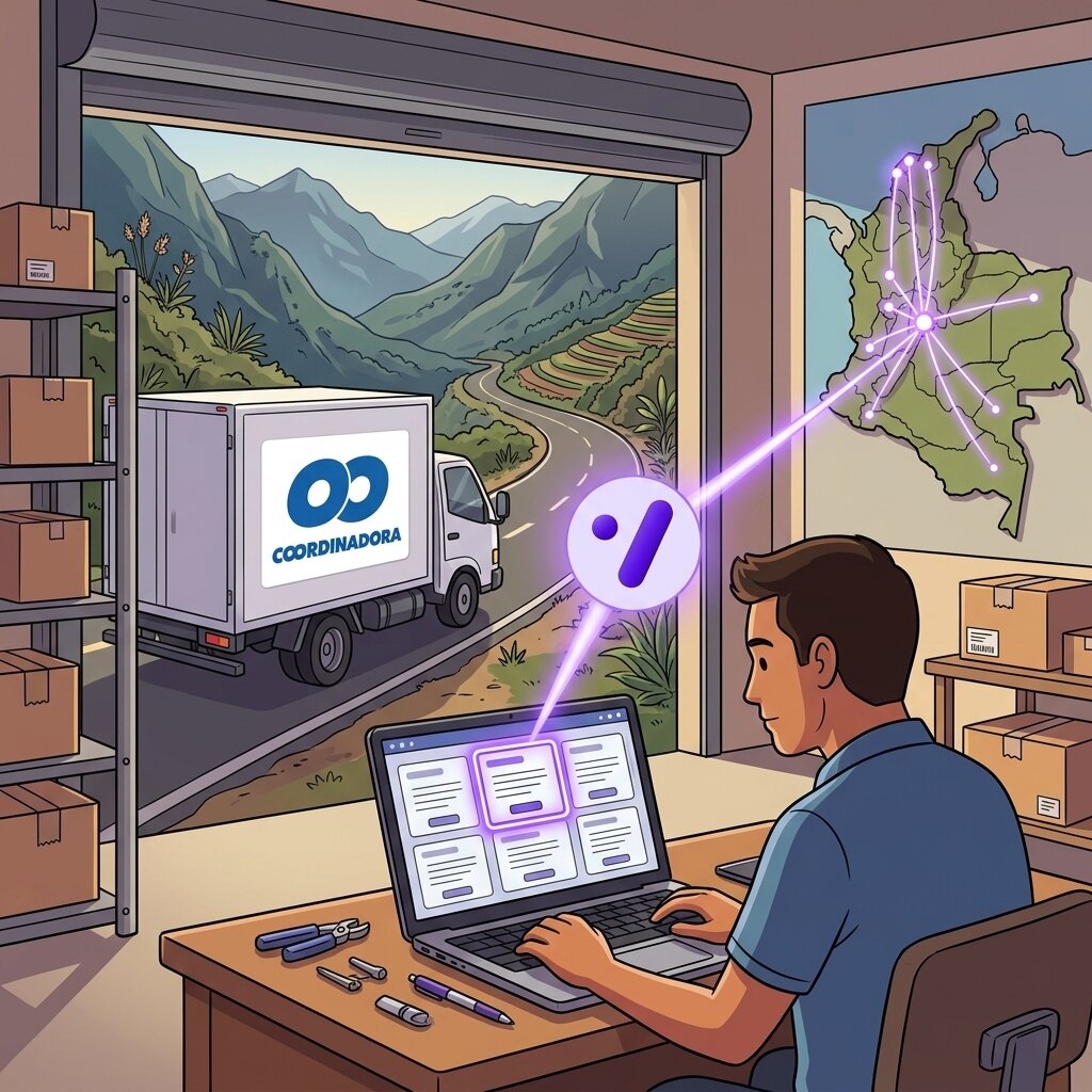 Vendedor cotizando en su portátil con un camión de Coordinadora saliendo hacia las montañas y un mapa de Colombia
