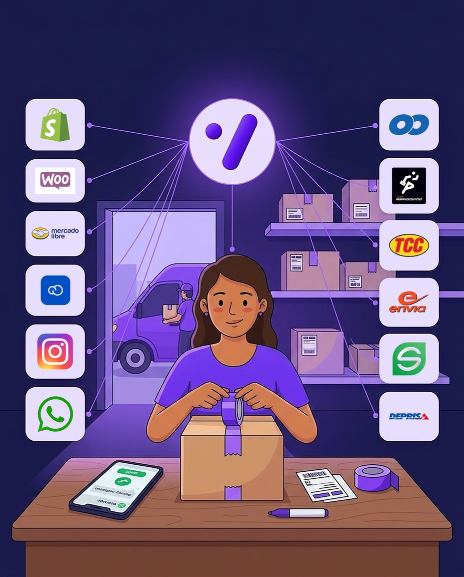 Vendedora empacando un pedido conectada a Shopify, WooCommerce, Mercado Libre, WhatsApp y las transportadoras de Colombia