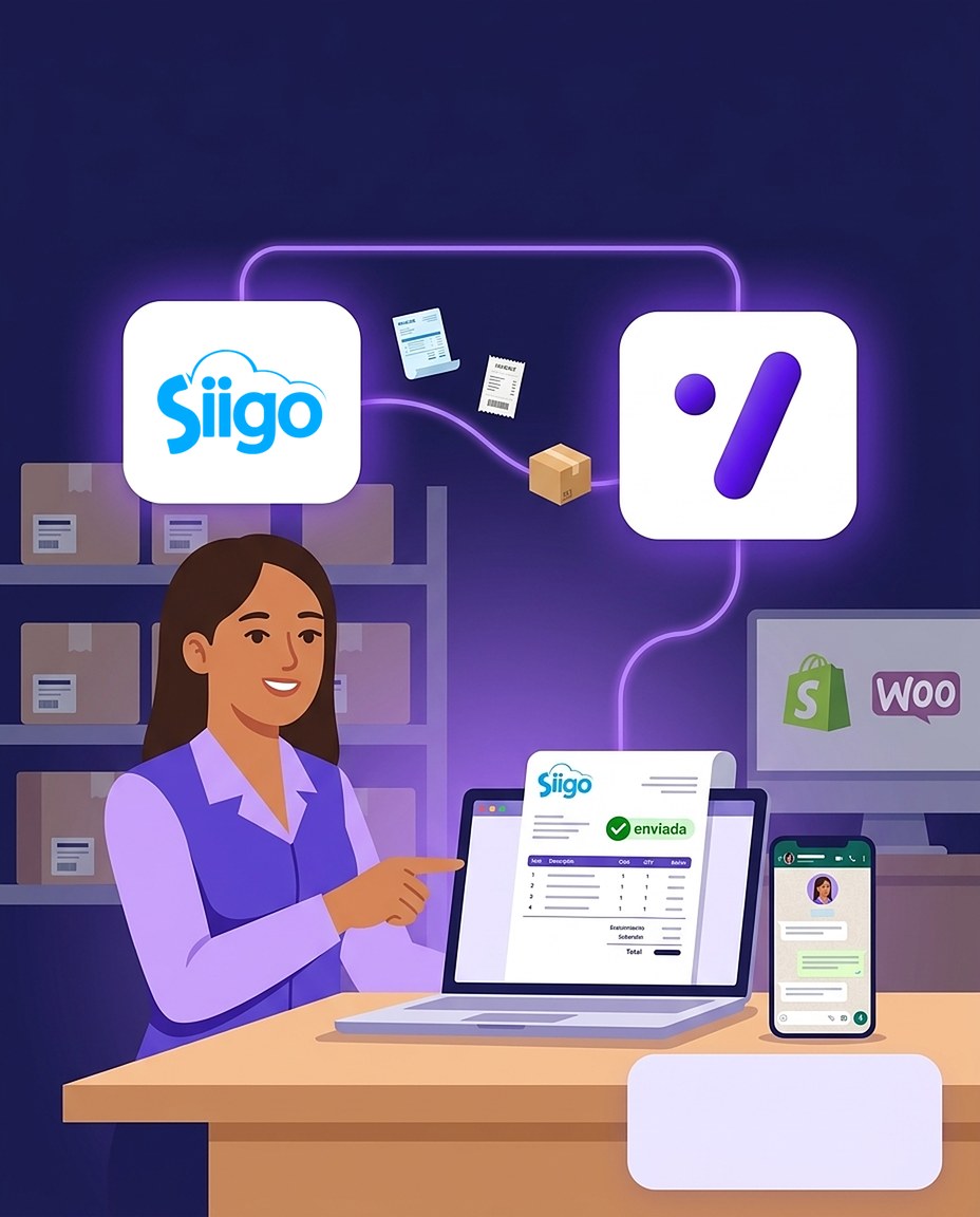 Contadora revisando una factura electrónica de Siigo enviada desde Probability, con su tienda conectada